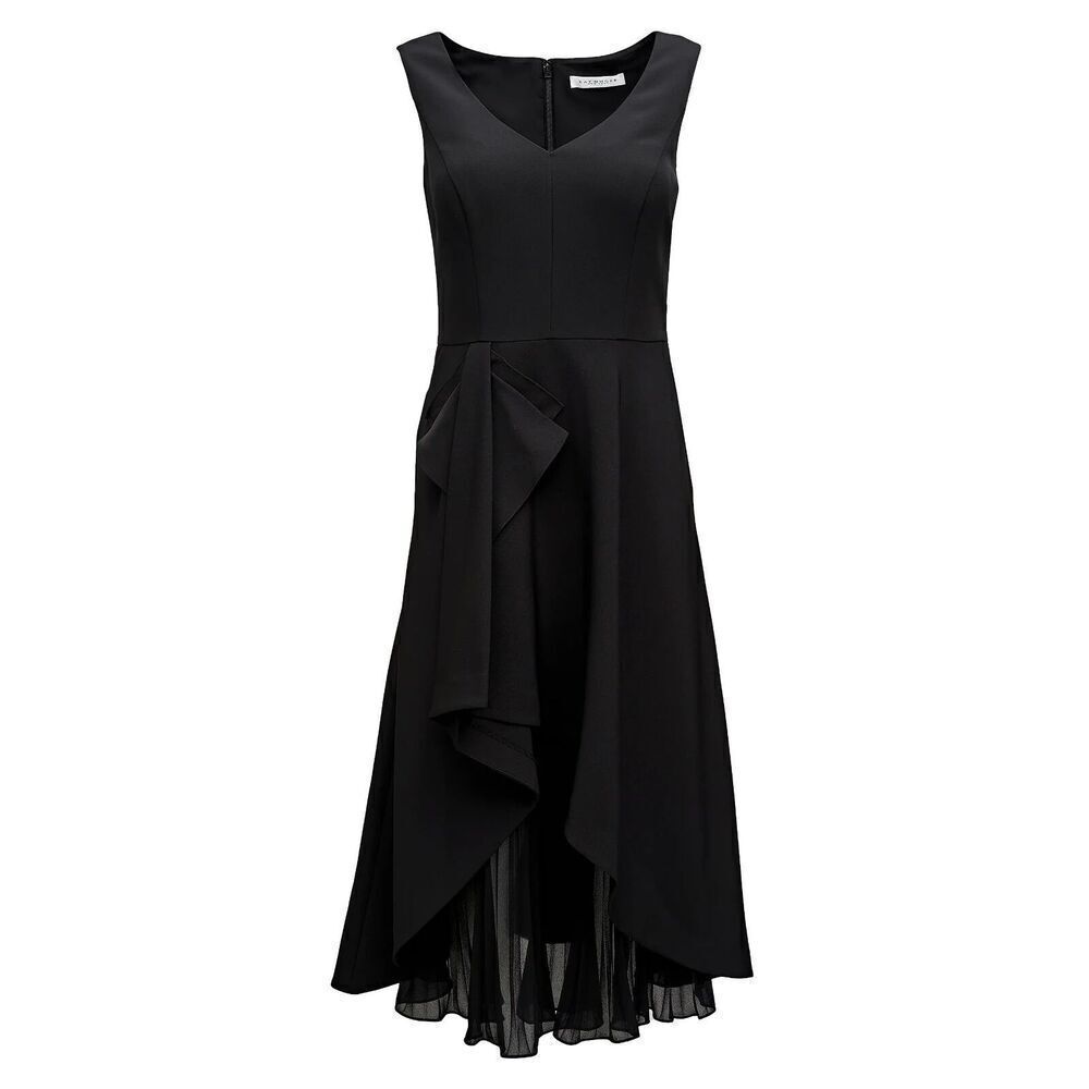 KAY UNGER Black Portrait V-Neck Stretch Crepe Ruffle Pleated Fit Flare Dress 4